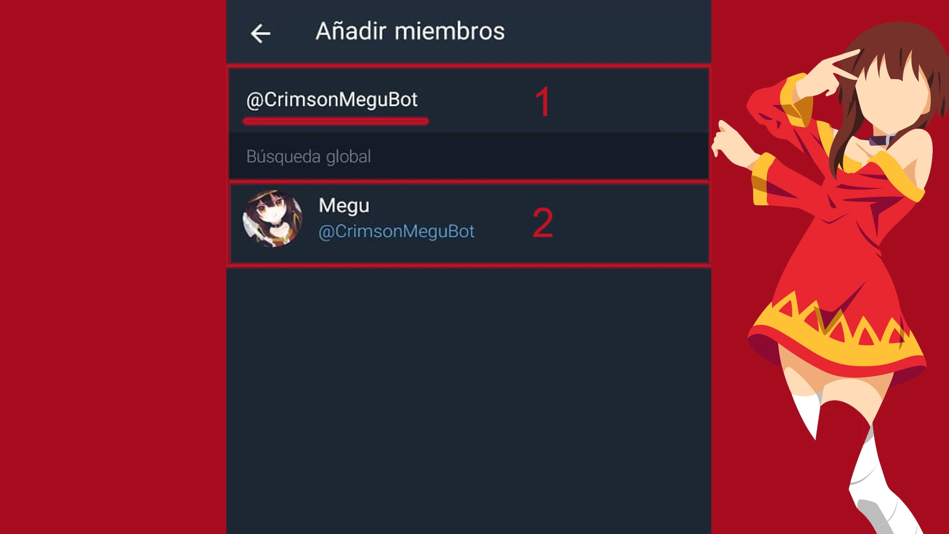 Busca a Megu por su alias: @MeguRobot y selecciónala.
