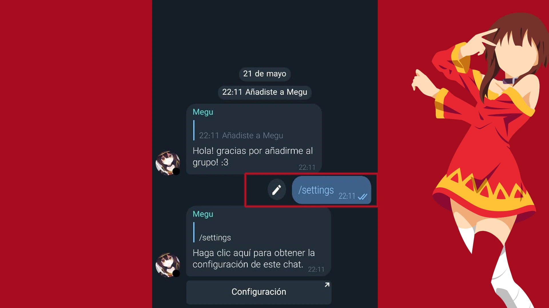 Con /settings puedes configurar las distintas opciones.